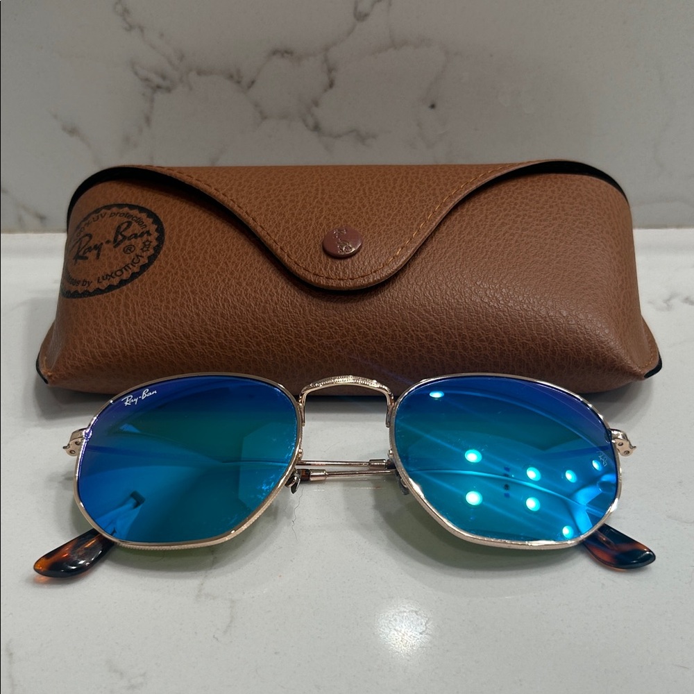 Ray-Ban Gold Frame Sunglasses with Blue Lenses